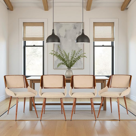 Armen Living Panda Mid-Century Dining Chair in Walnut Finish and Brown Fabric - Set of 4