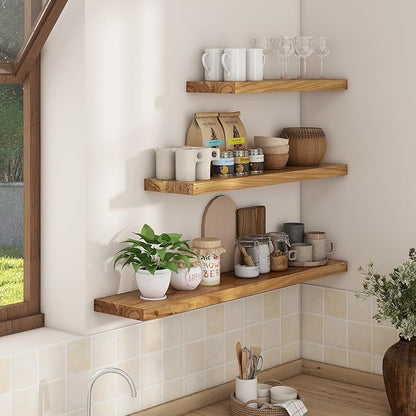 Axeman Floating Shelves for Wall, 24''W x 8'' D Rustic Solid Elm Wood Shelves for Storage, Wall Mounted Display Shelving with Invisible Heavy-Duty Metal Bracket (Natural, 2PCs)