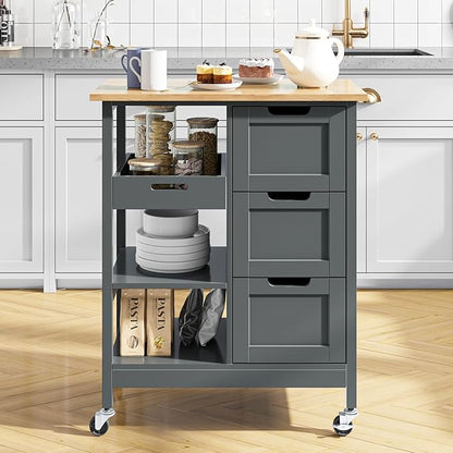 DWVO Solid Wood Top Rolling Kitchen Island Cart, 3 Tier Mobile Kitchen Storage Island Cart with 3 Drawers and 3 Opening Storage Shelves for Kitchen & Dining Area, Gray