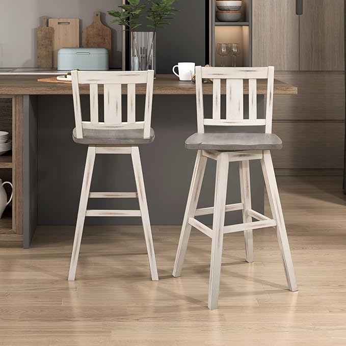 Lexicon Bar Height Bar Stools Set of 2-Solid Wood Frame 360° Swivel Wooden Stools, Foot Rest, Slat Back, Wide Seat, Distressed Farmhouse Easy to Clean Finish, 28.5" SH, Antique White/Grey