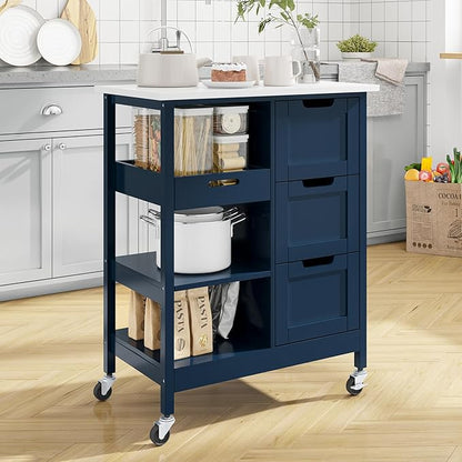 DWVO Solid Wood Top Rolling Kitchen Island Cart, 3 Tier Mobile Kitchen Storage Island Cart with 3 Drawers and 3 Opening Storage Shelves for Kitchen & Dining Area, Navy Blue
