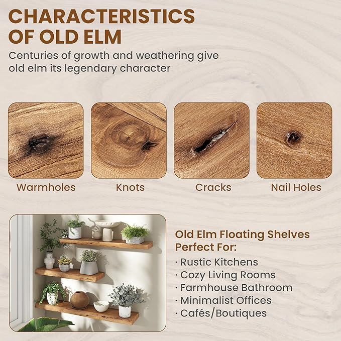 Rustic Elm Wood Floating Shelves 48 Inch, Wall Mounted Live Edge Floating Shelf for Bathroom Living Room Kitchen, Long Wooden Wall Shelves with Heavy-Duty Bracket for Books Decor Storage, Natural