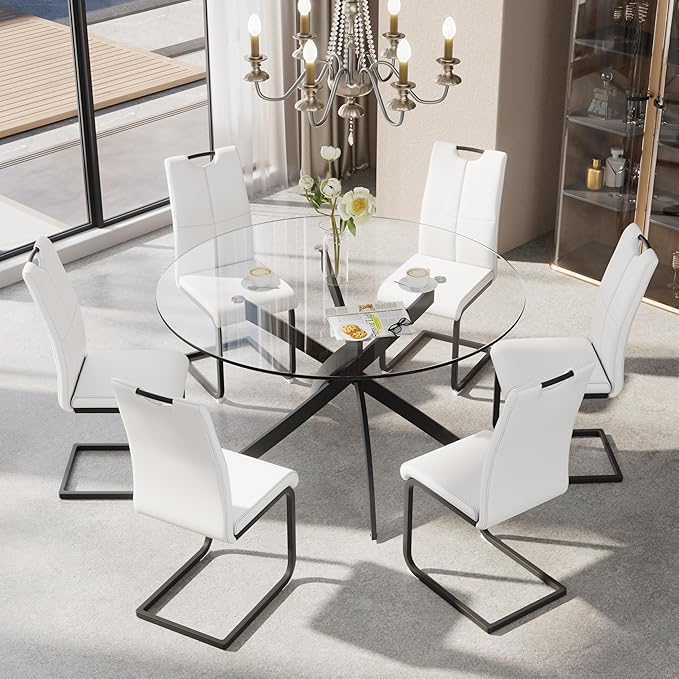47-Inch Round Tempered Glass Dining Table for 2-4 Person - Heavy-Duty Black Metal Base with Adjustable Non-Slip Mats - Modern Small Kitchen Table for Dining Room, Apartment, Condo (Clear Top)