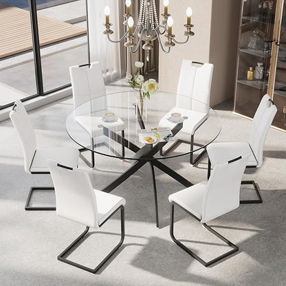 47-Inch Round Tempered Glass Dining Table for 2-4 Person - Heavy-Duty Black Metal Base with Adjustable Non-Slip Mats - Modern Small Kitchen Table for Dining Room, Apartment, Condo (Clear Top)