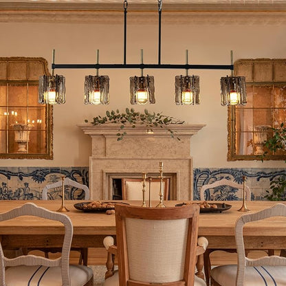 5-Light Farmhouse Linear Chandelier Pendant Lighting 39" W Ceiling Light Matte Black and Brass Gold, Smoked Glass Shade, Blown Glass, for Dining Table, Kitchen Island Light Fixtures