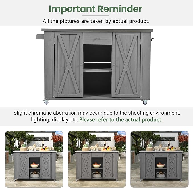 YOPTO Outdoor Kitchen Island Fir Wood Kitchen Island with Stainless Steel Top,Ample Storage Space,Towel and Spice Racks and a Bottle Opener for Outdoor,Grey