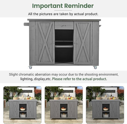 YOPTO Outdoor Kitchen Island Fir Wood Kitchen Island with Stainless Steel Top,Ample Storage Space,Towel and Spice Racks and a Bottle Opener for Outdoor,Grey