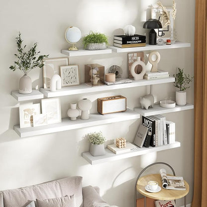 30 Inch Floating Shelves for Wall Set of 2, 8"D Wood Grain Bathroom Shelves with Invisible Brackets, Easy Install Engineered Wood Storage Shelves for Kitchen, Living Room, Bedroom, White Finish