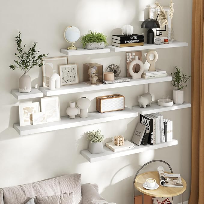 24 Inch Floating Shelves for Wall Set of 2, 8"D Wood Grain Bathroom Shelves with Invisible Brackets, Easy Install Engineered Wood Storage Shelves for Kitchen, Living Room, Bedroom, White Finish