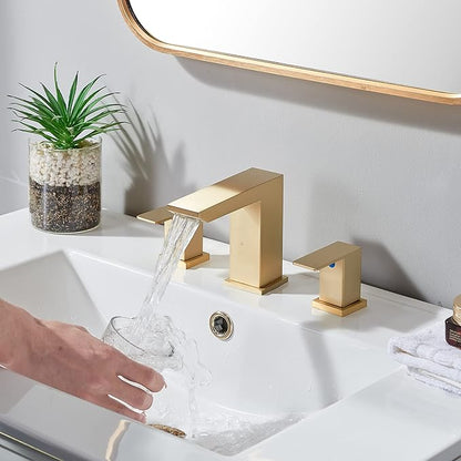 Brushed Gold Bathroom Sink Faucet, 3 Hole Waterfall Bathroom Faucet, 2 Handle Vanity Bath Faucets, Modern Bathroom Faucet with Supply Hoses and Drain