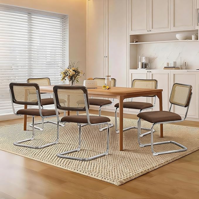 Linen Dining Chair Set of 6 Arched Rattan Square Back Stainless Chrome Base Upholstered Side Chair for Dining Room, Kitchen Island,Coffee