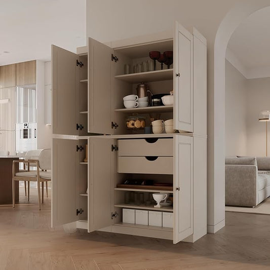 Palace Imports Solid Wood Kitchen Pantry Cabinet - 71.5" Tall x 48.5" Wide - Freestanding Storage Pantry w/ 2-Drawer Kit & Adjustable Shelves - Beige, Renewable Eco-Friendly 100% Wood, Made in Brazil