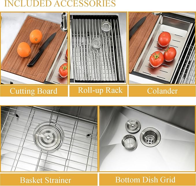 28 Inch Undermount Kitchen Sink, 28x18 Inch Stainless Steel Kitchen Sink Undermount Ledge Workstation 16 Gauge Handmade Commercial 10 Inch Deep Single Bowl Basin with Cutting Board