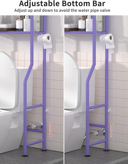 Livilord 3-Tier Over The Toilet Storage, Freestanding Metal Bathroom Shelves with 4 Hooks, Over Toilet Storage Shelf with Paper Holder, Above The Toilet Shelf for Bathroom Storage, Purple