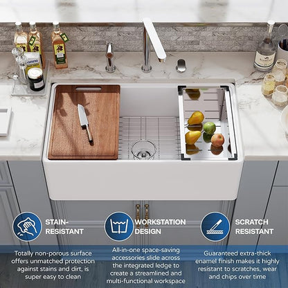 30 White Farmhouse Sink Workstation, Hugsleek Undermount Farm Kitchen Sink 30x20 inch Apron Front White Porcelain Ceramic Fireclay Sinks Ledge Accessories Single Bowl Under Counter Farmer Sinks Basin