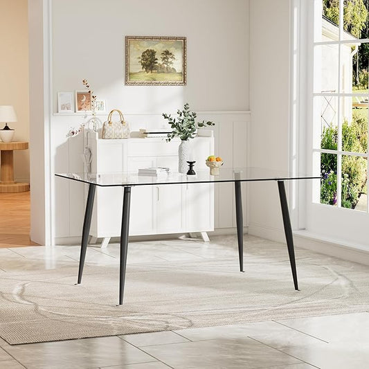 Baysitone Glass Dining Table for 4 with 51 inch Clear Rectangular Glass Top, 0.31" Modern Tempered Glass Kitchen Table Furniture with 4 Black Plating Metal Legs for Home Dining Room