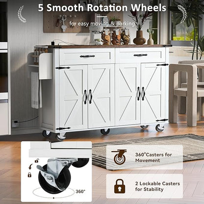 Merax 53.5" Kitchen Cart Island on Wheels with Power Outlet,Drop Leaf,Spice Rack,Farmhouse Wood Frame Storage Cabinet for Dining Room
