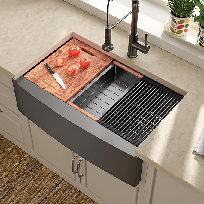 Lordear 33 Black Kitchen Sink 33 x 22 Apron Front Farmhouse Sink Gunmetal Black Stainless Steel 16 Gauge Single Bowl Ledge Workstation Farm Sink Basin, 9" Apron Height