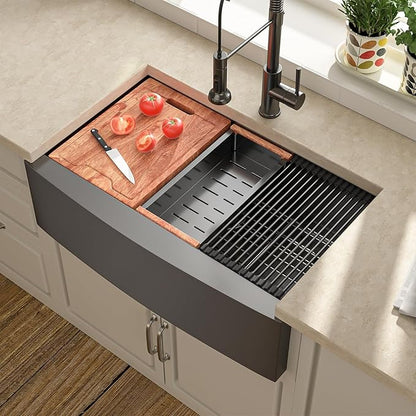 Lordear 33 Black Kitchen Sink 33 x 22 Apron Front Farmhouse Sink Gunmetal Black Stainless Steel 16 Gauge Single Bowl Ledge Workstation Farm Sink Basin, 9" Apron Height