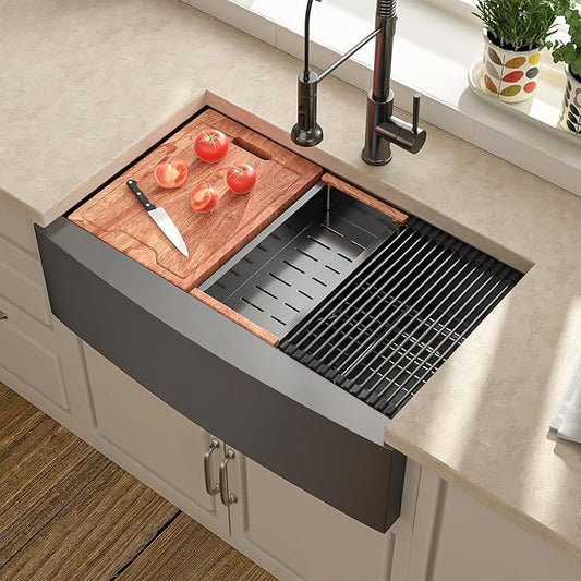 Lordear 33 Black Kitchen Sink 33 x 22 Apron Front Farmhouse Sink Gunmetal Black Stainless Steel 16 Gauge Single Bowl Ledge Workstation Farm Sink Basin, 9" Apron Height