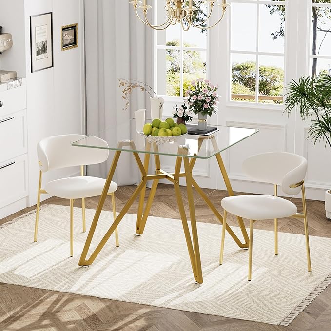 Glass Dining Table,35.4'' Square Dining Kitchen Table,Modern Dining Room Table with Gold Metal Base for Dining Room (Gold,35.4'',Square)