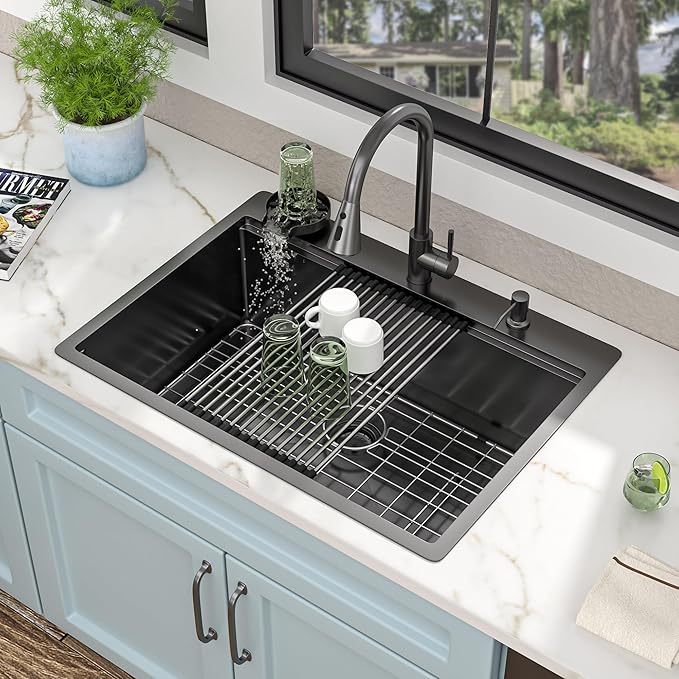 30"x22" Drop In Kitchen Sink Ledge Workstation – Gunmetal Black NANO-PVD, 16 Gauge 304 Stainless Steel Top Mount Single Bowl Sink Basin with Faucet Combo & Glass Rinser
