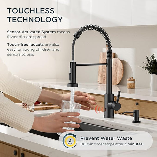 FORIOUS Black Touchless Kitchen Faucet with Soap Dispenser, Motion Sensor Activated Smart Sink Faucet with Pull Down Sprayer Single Handle Hands Free Contemporary for Bar & Prep Sinks, Camper RV