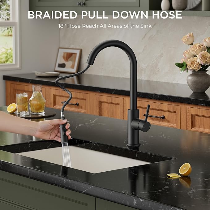 FORIOUS Black Kitchen Faucet with Pull Down Sprayer,Stainless Steel High Arc Gooseneck Modern Sink Faucet with CUPC Ceramic Cartridge, Single Handle Stainless Steel and Deck Plate