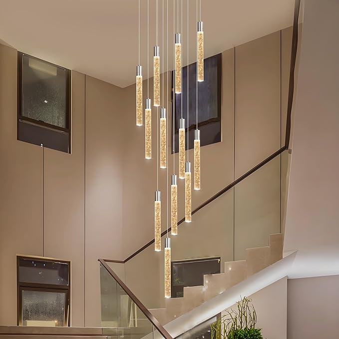 12-Lights Bubble Chandelier for Entryway High Ceiling-137 Height Adjustable Crystal Chandelier,3 Color Temperature Dimmable LED Pendant Light Fixture for Foyer Living Room Staircase,Chrome