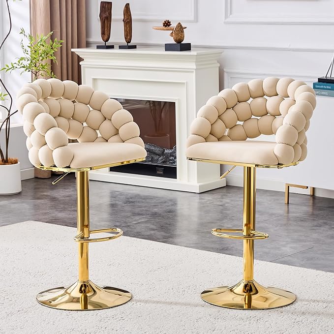 Set of 2 Beige Puffy Bubble Chair Ball Chain Chair Velvet Bar Stools with Gold Legs, Tufted Adjustable Bar Chairs for Kitchen Island Home Bar