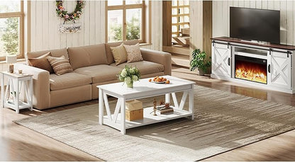 WLIVE Coffee Table with Storage Shelf, 39.4" Farmhouse Coffee Table with V-Frame Support, 2-Tier Wood Rustic Center Table for Living Room, Bedroom & Balcony, All White