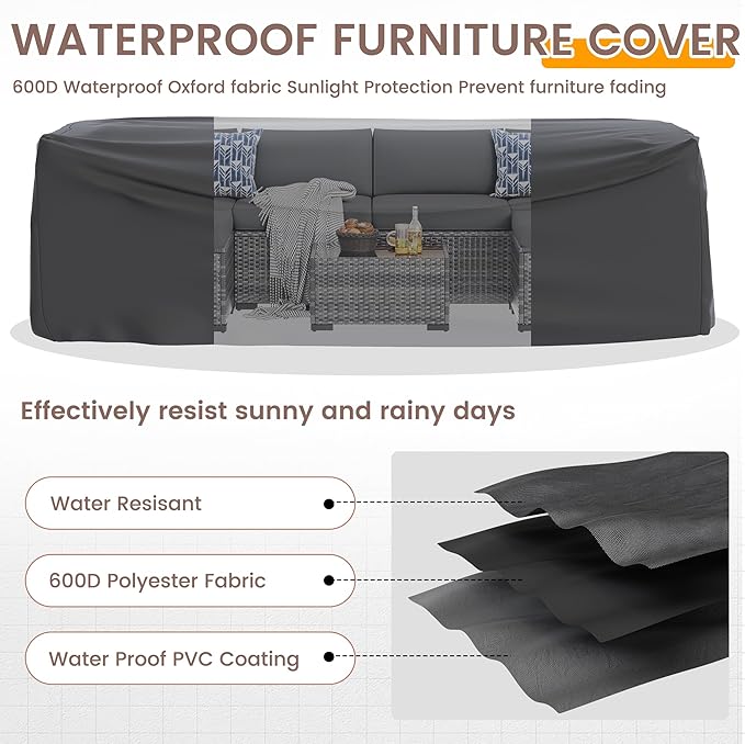 UDPATIO Outdoor Patio Furniture Set, 7 Piece PE Wicker Sectional Sofa with Tea Table, Outdoor Conversation Set with Waterproof Cover for Patio, Garden, Backyard (Grey Cushions with Grey Rattan)