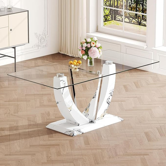 71" Glass Dining Table, Modern Kitchen Table for 6-8, Large Rectangle Dinner Table with Tempered Glass Top and Wooden Base for Dining Room, Kitchen