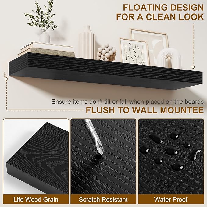 Fun Memories 55 Inch Fireplace Mantel Shelf -Long Floating Shelf, Wall Mounted Farmhouse Display Shelf with Invisible Heavy Duty Metal Bracket, Black