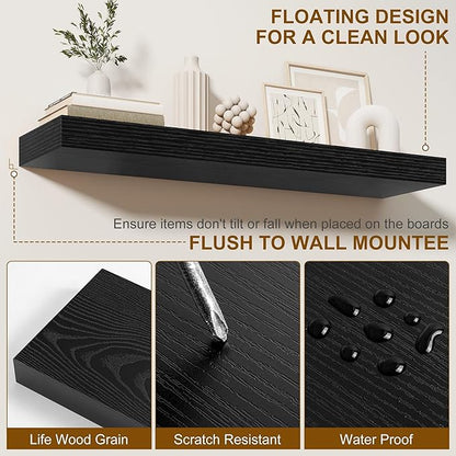 Fun Memories Floating Shelves for Wall, 48Inch Floating Shelves Set of 2, Hanging Shelf with Invisible Brackets, Wood Shelves for Living Room, Bedroom, Kitchen, Black