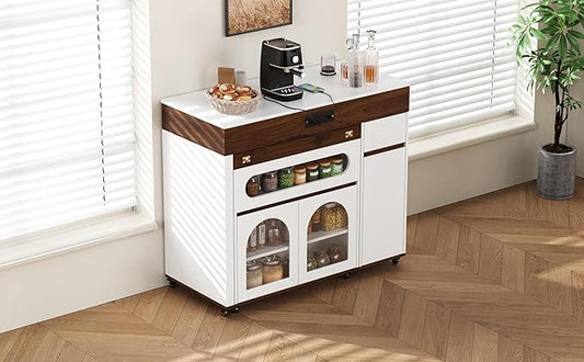Extendable Kitchen Island Table: 1 Table 3 Sizes 19.9" to 73.8" - Rolling Mobile Dining Table with Power Outlet & Storage - Space-Saving for Small Apartments & Open Kitchens