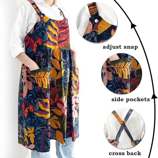 Cityelf Vintage Pinafore Apron Dress Snap Adjust Linen Cotton with Pockets Floral Aprons for Cooking Gardening