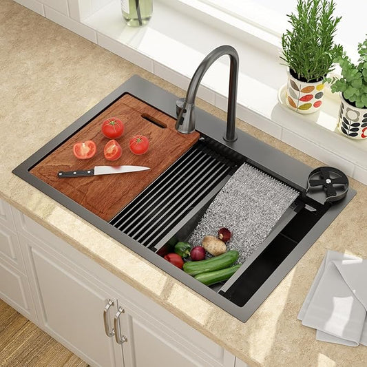 Lordear 33 Drop In Kitchen Sink with Faucet 33x22 Inch Black Waterfall Kitchen Sinks Topmount Stainless Steel 16 Gauge Single Bowl Workstation Smart Sink with Separated Switch Knob