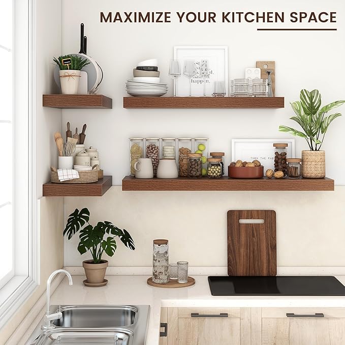 Venusmiles Floating Shelves for Wall, 24 Inch Wide x 12 Inch Deep Floating Shelves, Long Wood Floating Wall Shelf Shelves for Living Room Bathroom Bedroom Kitchen Home - (Walnut, 24" W x 12" D x 2" H)