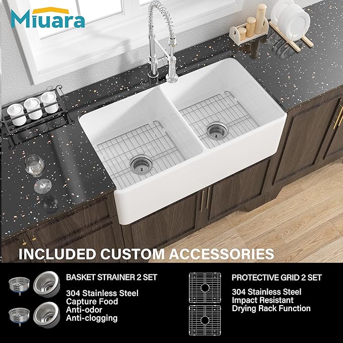 Miuara Farmhouse Sink Double Bowl 33 Inch - White Apron Front Kitchen Sink Reversible 33"x18"x10", Undermount Installation, Farm House﻿ Style Dual Basin 50/50, Heavy Duty Solid Fireclay, for Kitchen