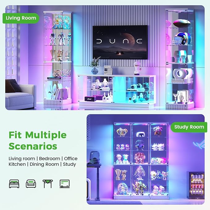 HNEBC 6-Tier Shelf with Glass Door, LED Display Case with RGB Lights& Motion Sensor, Lockable Curio Cabinet for Collectibles,Bookcase,China Cabinet-White