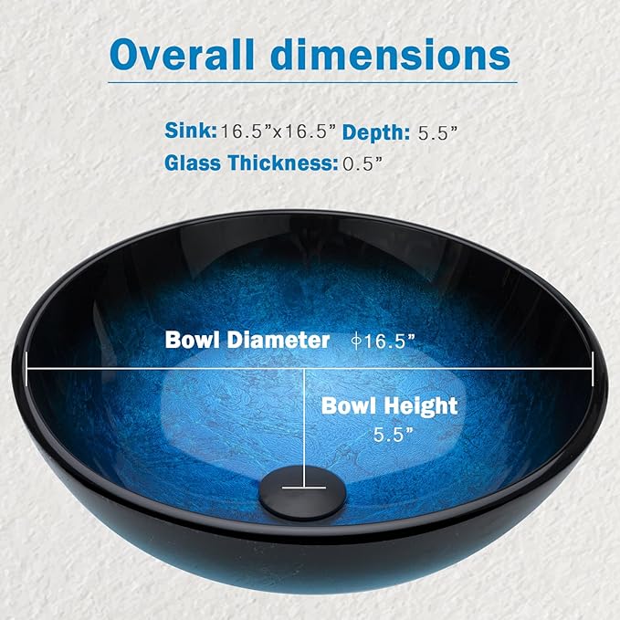 Design Vessel Sink Bathroom Sink above counter Small Vessel Sink Bathroom Sink Bowl Countertop Modern Sinks with faucet and drain combo 16.5" Round Blue New