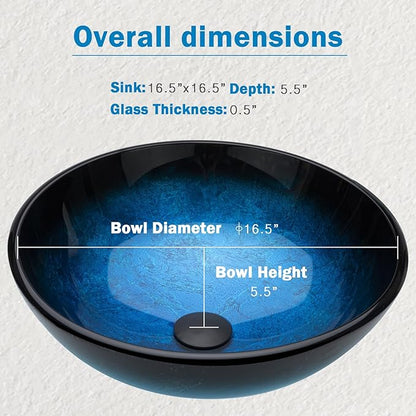 Design Vessel Sink Bathroom Sink above counter Small Vessel Sink Bathroom Sink Bowl Countertop Modern Sinks with faucet and drain combo 16.5" Round Blue New