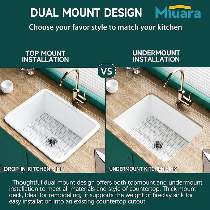 Miuara White Undermount Kitchen Sink 24 Inch - Small Topmount Fireclay Bar Sink Drop In 24"x19"x11", Dual Mount Deep Single Bowl, w 2 Accessories, Glossy White, for Kitchen & Laundry & Small Space