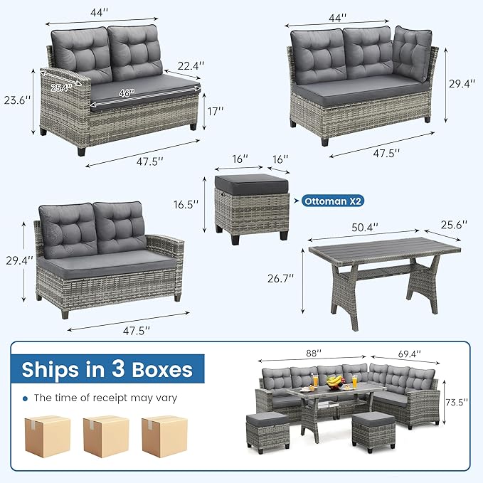KROFEM 6-Piece Patio Furniture Set, Outdoor Sectional Sofa with Dining Table & Chairs, All-Weather Dining Set with Removable Cushion Covers, Ideal for Garden, Porch, Backyard, Grey