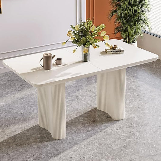 Miuuod 55 Inch Rectangular Dining Table, Cream White Modern Kitchen Table with Textured Double Pedestal Legs, Thick Tabletop for Small Apartment Dining Room, 4–6 Person Home Use