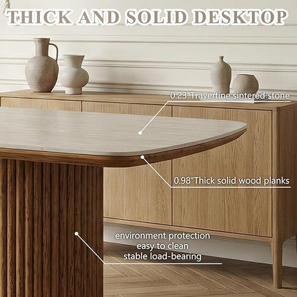 79'' Sintered Stone Dining Table for 8-10 People, Modern Rectangular Kitchen Table with Solid Wood Pedestal, Luxury Mid-Century Dining Room Table for Home Living Room