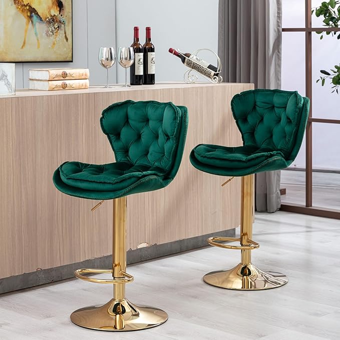 Rhomtree 24-33 Inch Swivel Bar Stools, Adjustable Counter Height Barstools, Velvet Back and Golden Footrest, Bar Chairs for Kitchen Island, Cafe, Bar, Bar Counter, Dining Room, Coffee(Green Set of 2)