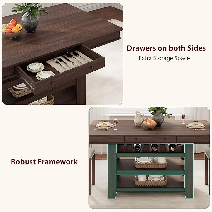 Garvee Counter Height Dining Table with 2 Drawers, 36" Farmhouse Wooden Large Bar Kitchen Table with Wine Rack & 3 Shelves, Rectangular, Thick Frame for Kitchen, Bar & Entertaining, Retro Brown