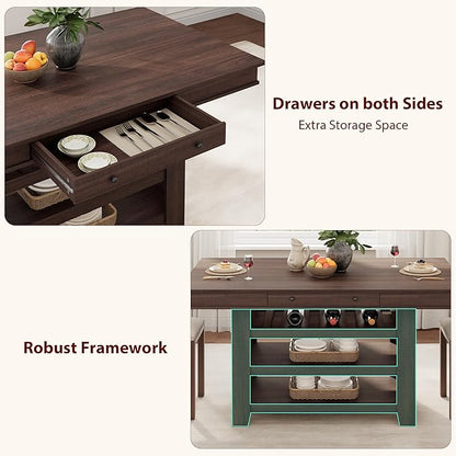 Garvee Counter Height Dining Table with 2 Drawers, 36" Farmhouse Wooden Large Bar Kitchen Table with Wine Rack & 3 Shelves, Rectangular, Thick Frame for Kitchen, Bar & Entertaining, Retro Brown